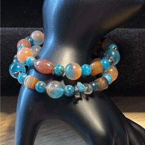 Teal & Brown Jade, Chalcedony & Apatite Memory Wire Bracelet with Smoky Quartz
